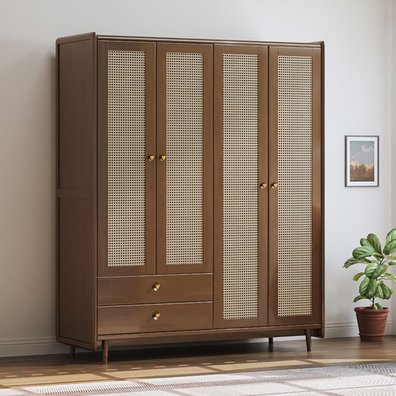 Rubberwood Solid Wood Frame Wardrobe Modern Rattan Hinged Doors with Legs