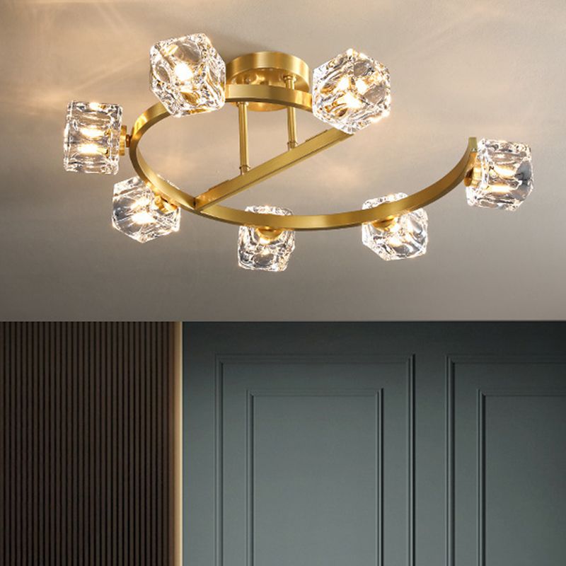 Cubic Clear Crystal Shade Deckenleuchte Contemporary 5/7 Heads Bedkammer Semi Flush Light in Gold