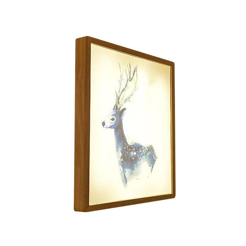 12"/16" Width Square Metallic Mural Lamp Minimalist LED Wood Wall Mounted Lighting with Deer Pattern