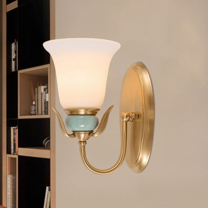 1/2-Head Wall Lighting Vintage Bedroom Wall Mounted Lamp Fixture with Bell White Frosted Glass Shade in Gold