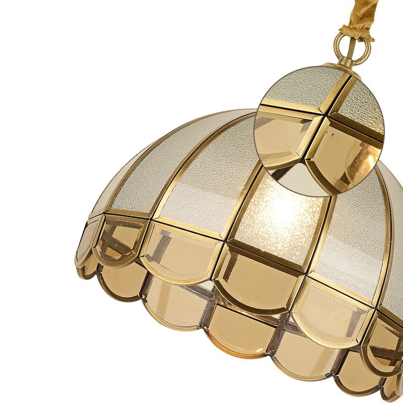 Dome Dining Room Pendulum Light Antique Textured Glass 1 Head Gold Pendant Light with Scalloped Edge