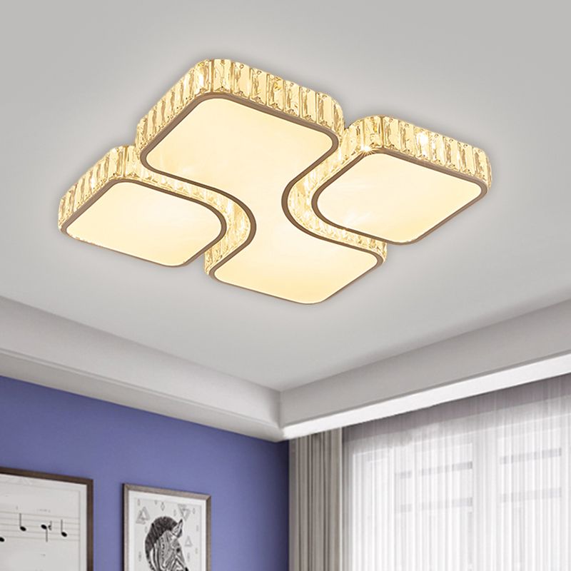 16"/19.5" W Modern LED Flush Lamp Chrome Square Ceiling Mounted Fixture with Crystal Rectangle Shade in Warm/White Light