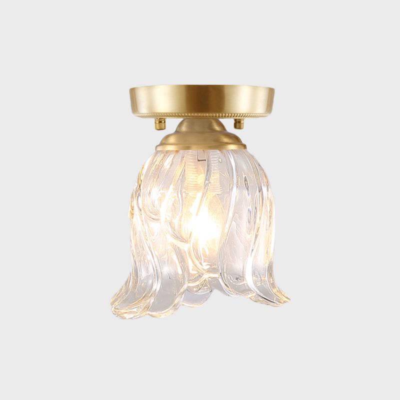 Brass 1-Light Semi Flush Mount Traditional Clear Ripple/Fluted Glass Cone/Flower Ceiling Flush for Living Room