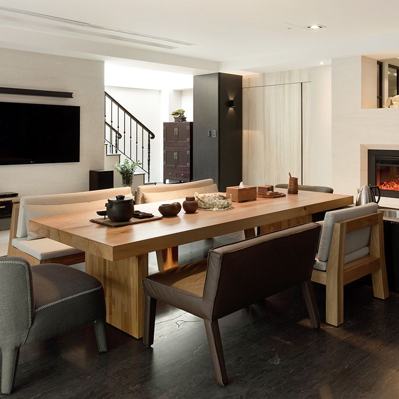 Modern Style Dining Table Rectangle Solid Wood Dining Table with Double Pedestal