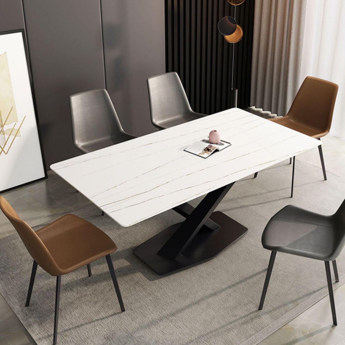 Mesa de comedor de estilo moderno Mesa de comedor de piedra sinterizada con marco negro para uso en el hogar