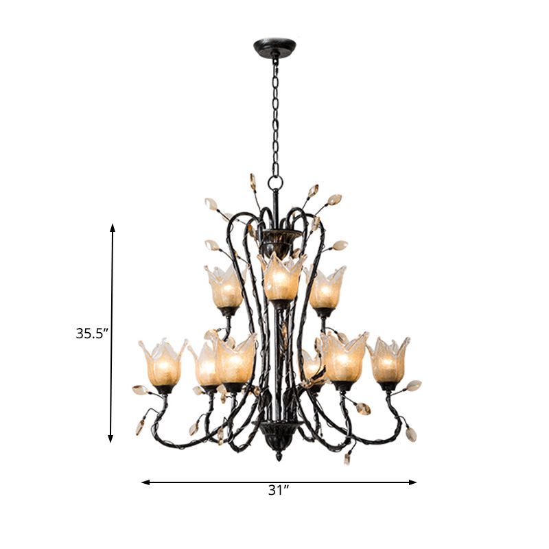 Black 9 Lights Chandelier Light Fixture Country Amber Glass Flower Shaped Pendant Lamp for Dining Room