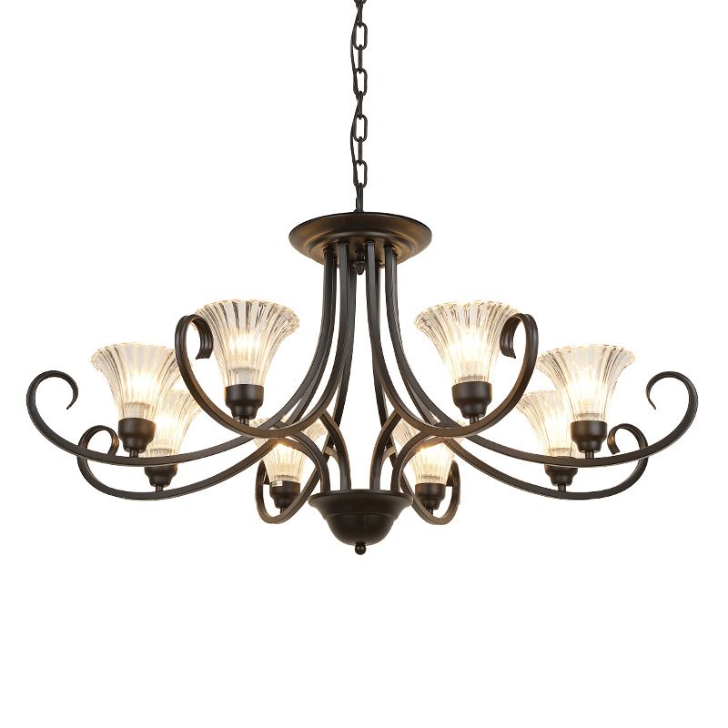Klares geripptes Glas ausgestattet Kronleuchter Retro -Salondecke -Anhänger Licht mit Wirbelarm in Schwarz