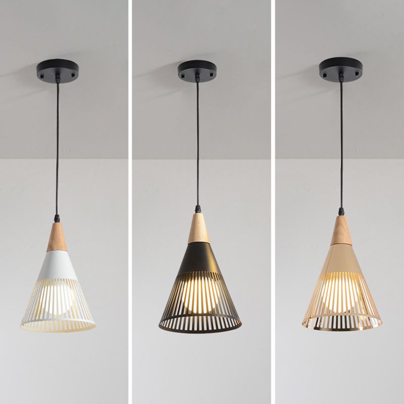 Noordse moderne stijl taps toelopende houten bovenste hanglamp metalen draadkooi woonkamer hangende lamp