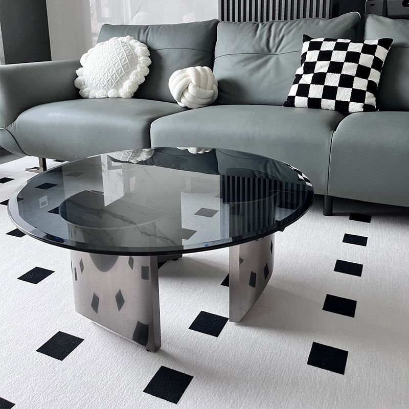 Black Glass Top Coffee Table Modern Round 3 Legs  Cocktail Table