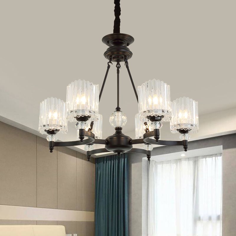 6/8 Heads Restaurant Ceiling Lamp Contemporary Black Chandelier Pendant with Cone Clear Crystal Shade
