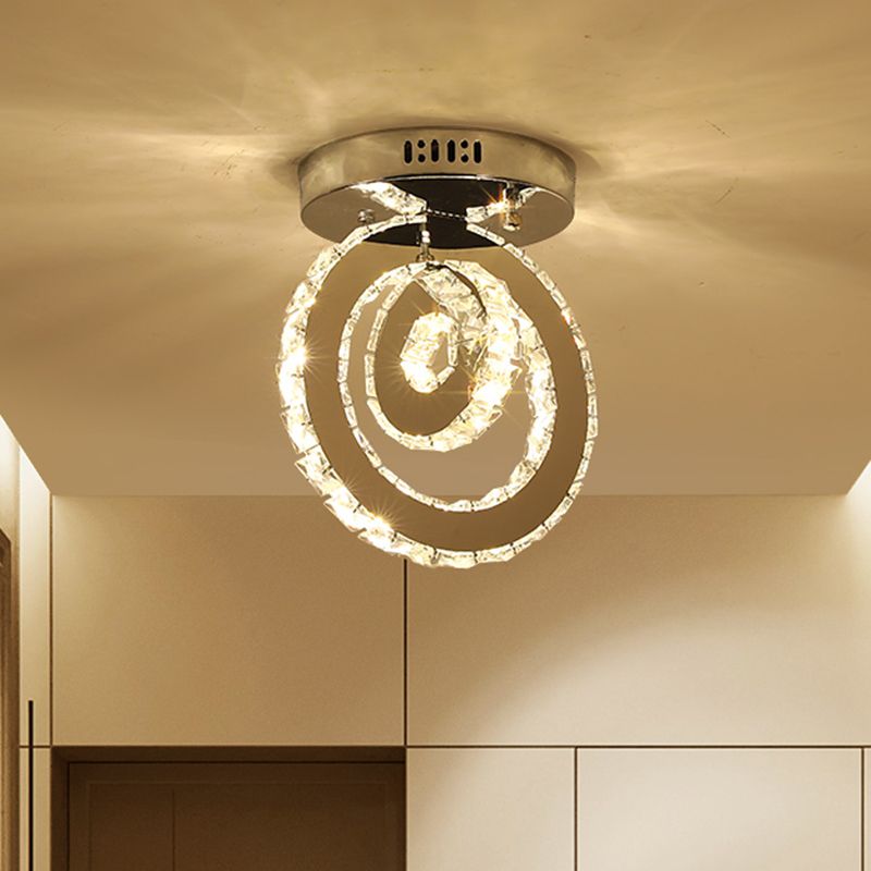 Stainless-Steel LED Semi Flush Mount Contemporary Clear Crystal Blocks Round/Triangle/Double Ring Ceiling Lamp