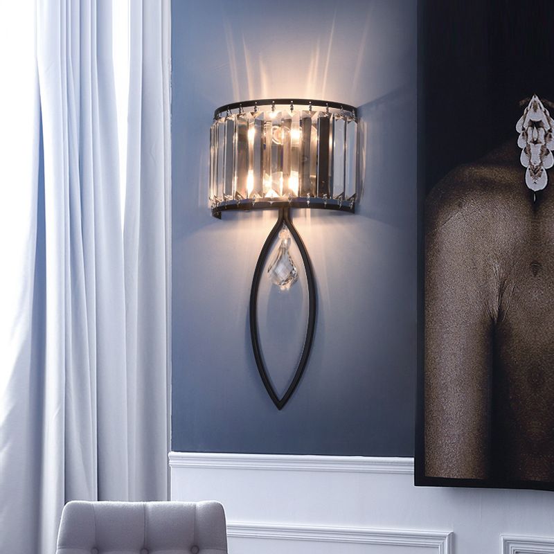 2 - Light Wall Light in Black / Gold Finish Iron and Crystal Wall Sconce