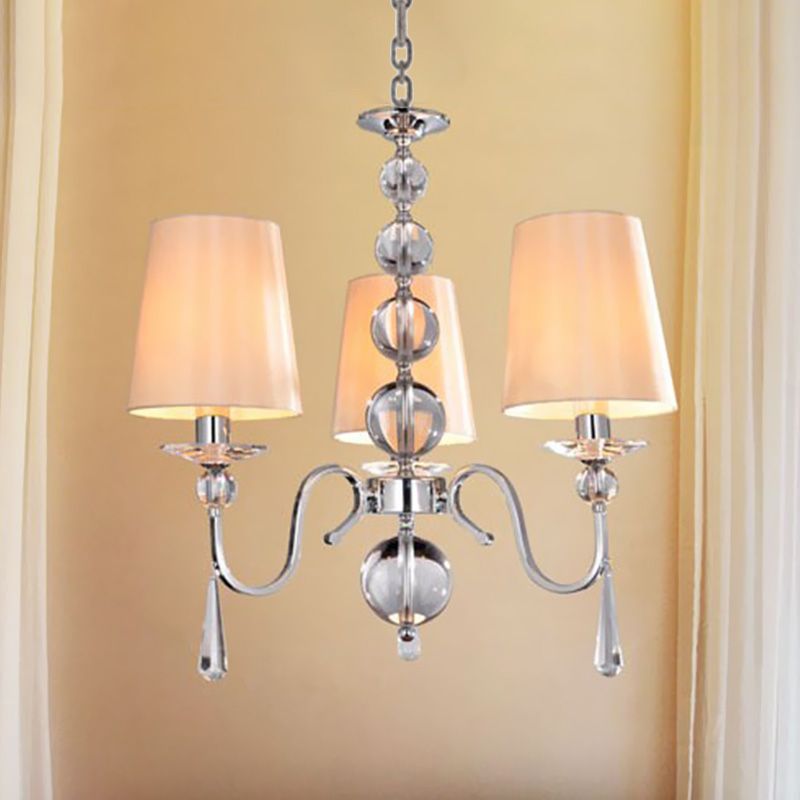 Conic Fabric Hanging Chandelier Modernist 3 Heads Restaurant Down Lighting with Gourd Crystal Decor in Chrome