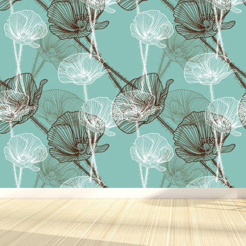 Contemporary Flower Blossom Wall Mural Non-Woven Waterproofing Blue Wall Art for Playroom