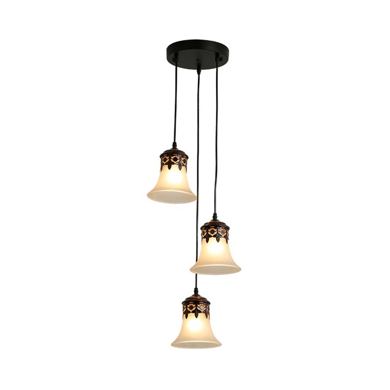 Zwarte bel cluster hanger Traditionele matglas 3 lichten woonkamer hangende lamp