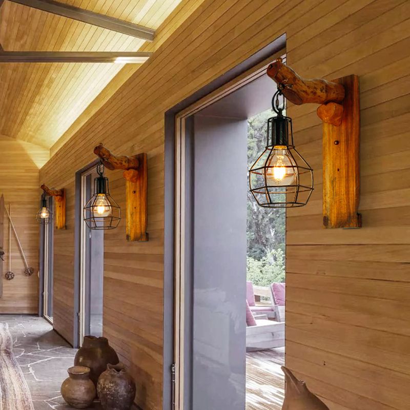 Kugelkäfigschlafzimmerleuchter leichter Vintage Stylish Metal 1 Glühbirne Schwarze Wand Hanging Lampe mit Holzrückenplatte