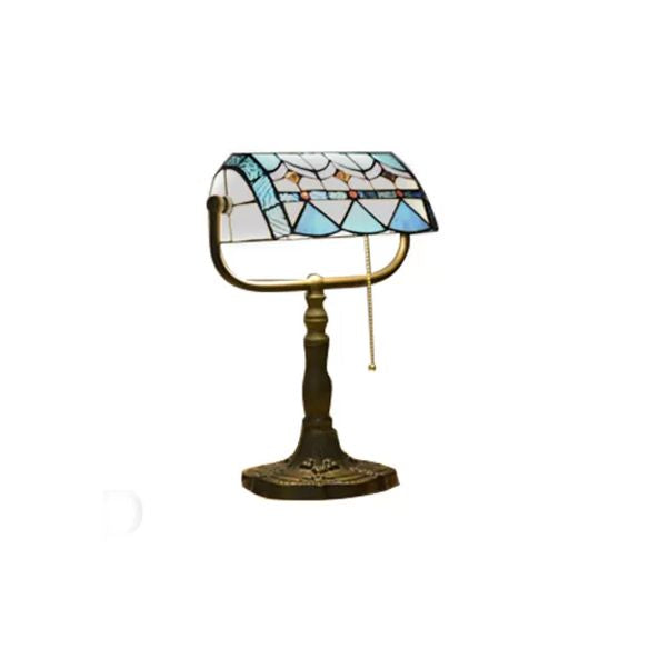 Blue/Orange 1 Light Table Lamp Tiffany Stylish Stainless Glass Rollover Shade Bankers Table Lamp with Pull Chain