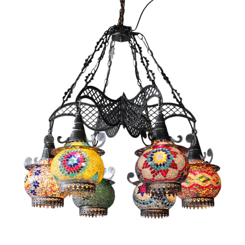 Stained Glass Black Hanging Chandelier Lantern 26"/33.5" Wide 8 Bulbs Art Deco Down Lighting Pendant