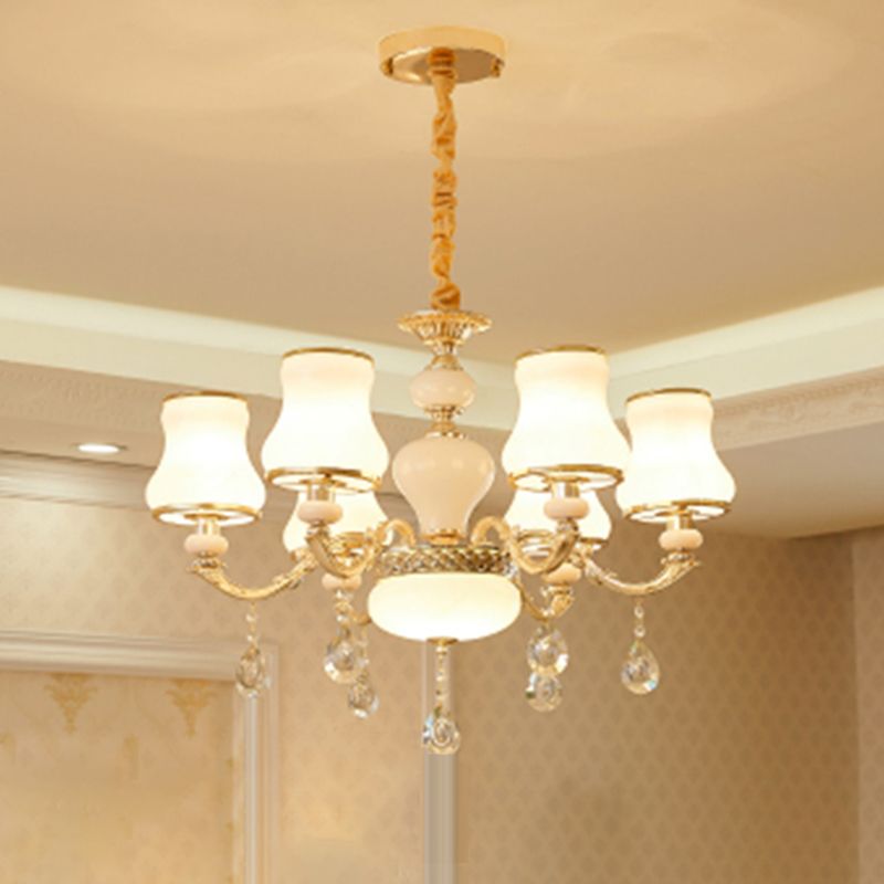 Klassieke Bud Chandelier Lighting White Glass Hanglamp met kristalafgraden voor woonkamer