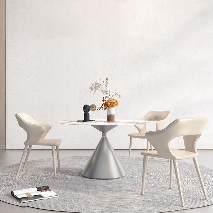Sintered Stone Top Dining Table in White for Restaurant Modern Round Table with Metal Pedestal