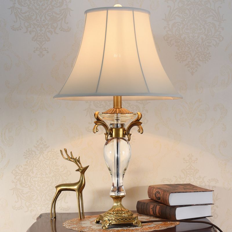 Bell Study Lamp Modern Fabric 1 Bulb White Task Light with Carved Brass Metallic Base