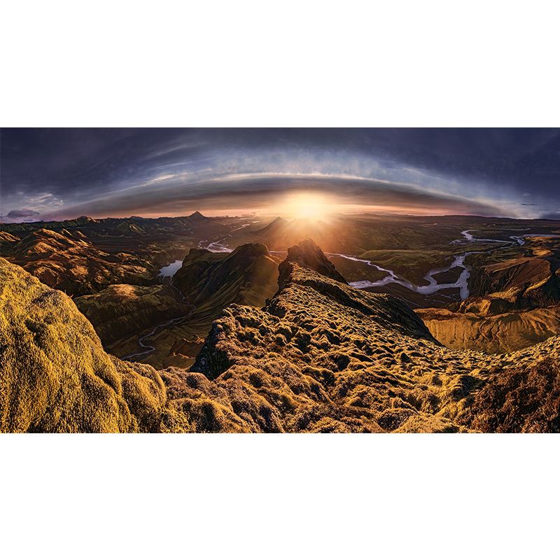 Huge Landscape Wall Mural Decal Above Bed Sunset Mountain with Meandering River Wall Decor in Brown, Washable