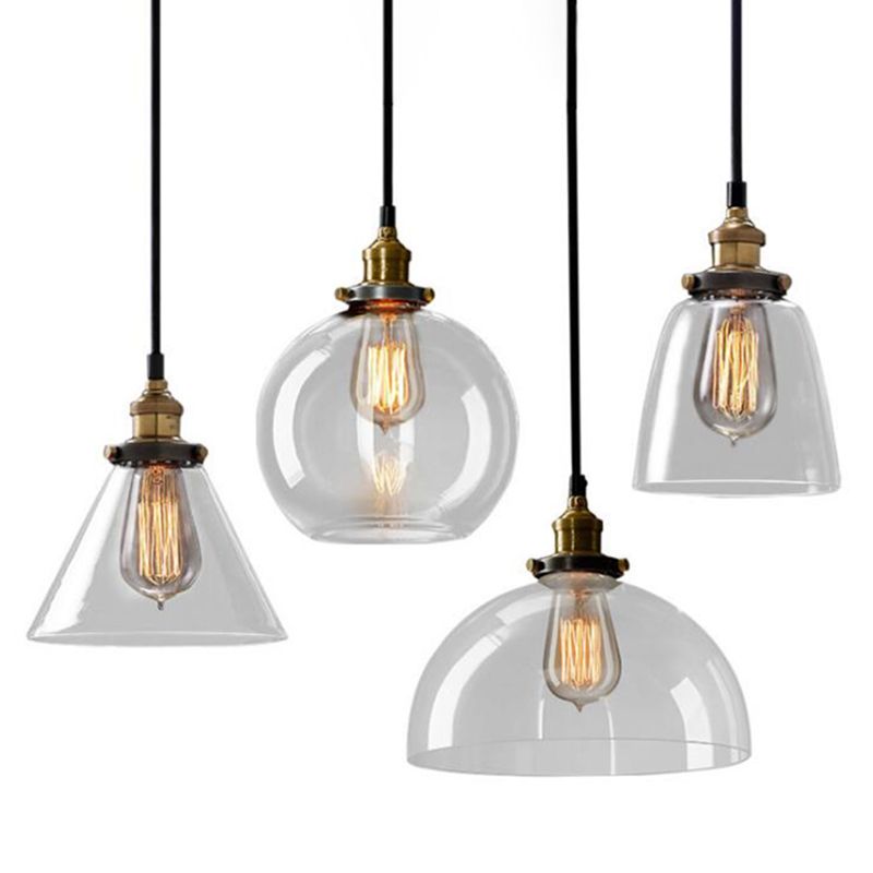 1 Light Pendant Light Vintage Industrial Minimalist Glass Shade Dining Room Hanging Lamp