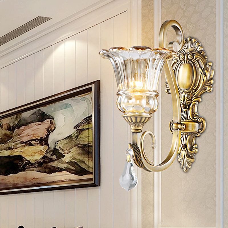 Flower Bedroom Wall Mount Light Clear Glass 1/2 Heads Contemporary Sconce Light in Brass with Crystal Drop