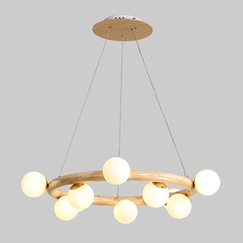 Moderno lampadario a legna a soffitto circolare creativo con tonalità di vetro bianco