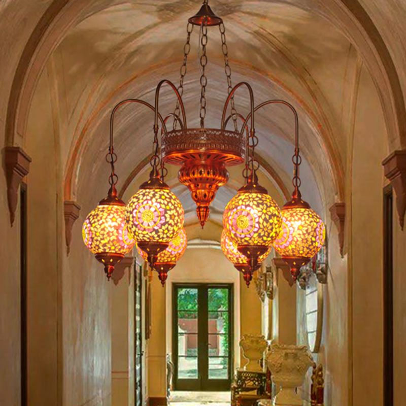 Globe Restaurant Chandelier Lighting Fixture Metal 6 Lights Gold Pendant Light with Colorful Glass Shade