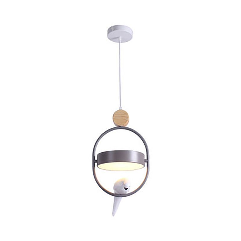 Ellipse de style nordique Lampe suspendue en métal monocysine simple Éclairage avec décoration d'oiseaux et teinte ronde en blanc / gris / vert