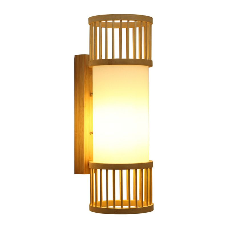 Asian Style Single Bulb Wall Lamp Sconce Beige Cylinder Wall Lighting with Wooden Shade