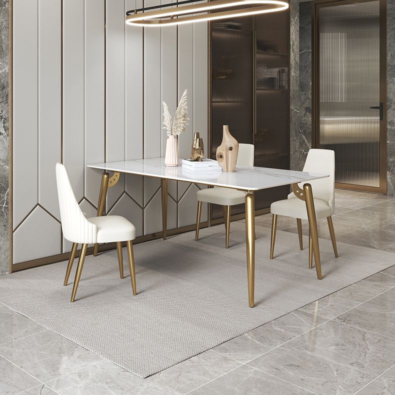 Luxury Sintered Stone Dining Table Rectangle White Table with Metal 4 Legs in Gold
