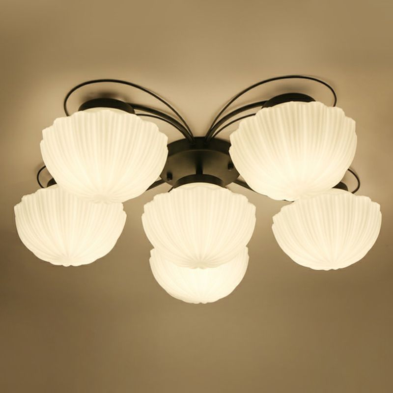 Ribbed Cream Glass Black Flush Mount Chandelier Bowl Classic Semi Flush Light Fixture for Dining Room