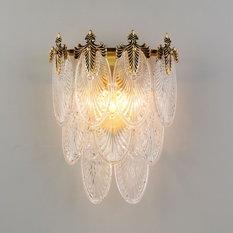 Layered Wall Mounted Lamp Postmodern Carved Oval Glass 2-Bulb Gold Sconce Light Fixture