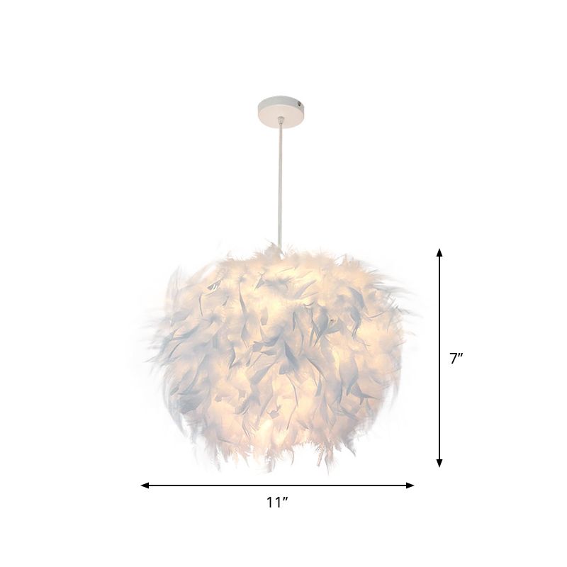 Hand-Worked Hemispherical Pendant Lamp Nordic Feather 1 Bulb White Hanging Light Kit, 11"/15"/19.5" W