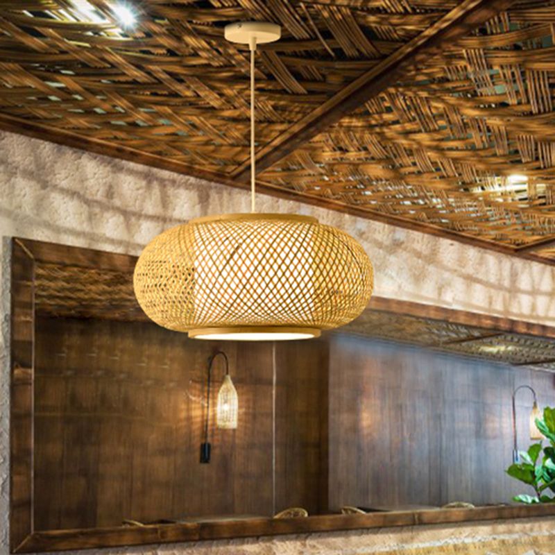 Bamboo & Rattan Weaving Drum Suspended Light Asian Style 1 Light Accent Pendant Lamp in Beige
