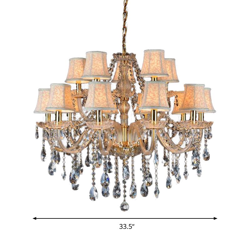 Armed Clear K9 Crystal Pendant Chandelier Rustic 6/8/10 Heads Beige Hanging Ceiling Light with Flared Fabric Shade