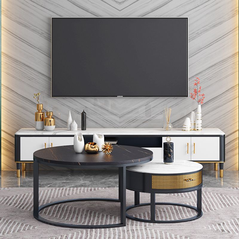 Glam Style TV Stand Stone White Colour Open Storage TV Console with Shelves