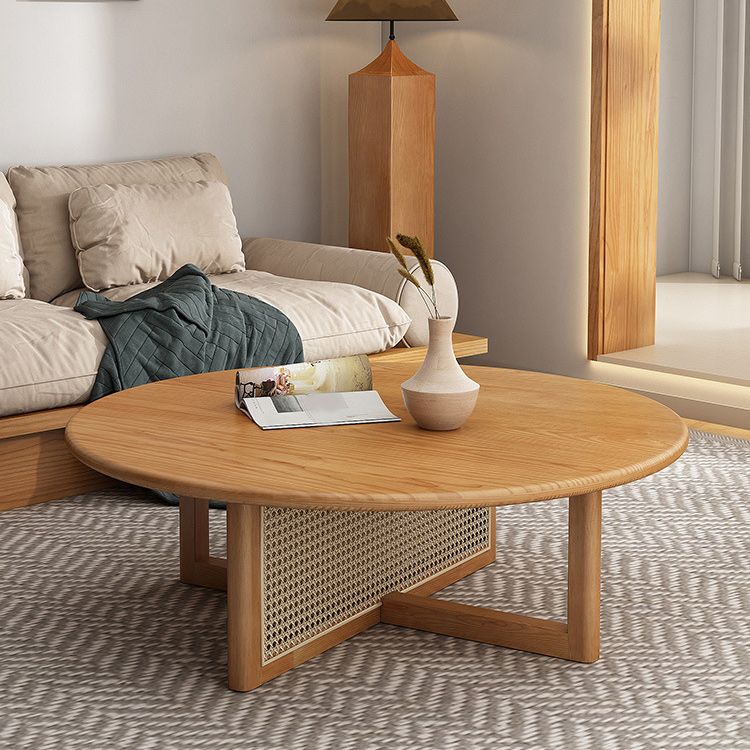 Scandinavian Light Wood Round Coffee Table with Cross Base in Pine Wood