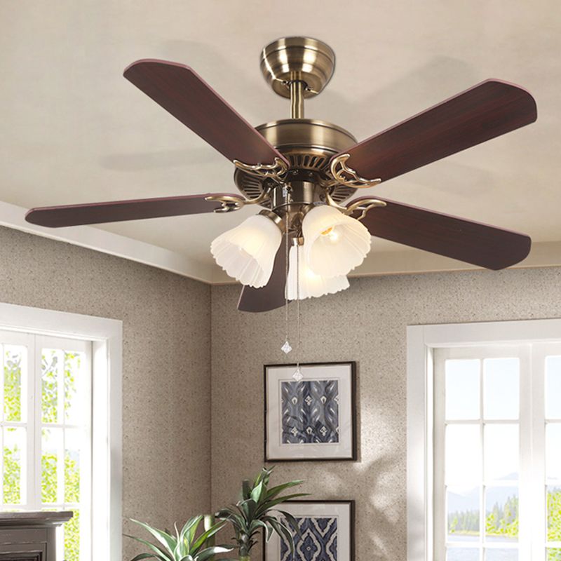 5-Blade Brass Floral Shade Hanging Fan Lamp Classic Frost Glass 3 Bulbs Living Room Semi Flush Light, 42.5" W