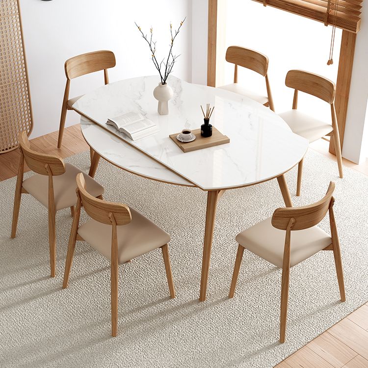 Modern Round Dining Table White Stone Tabletop with Solid Wood Legs