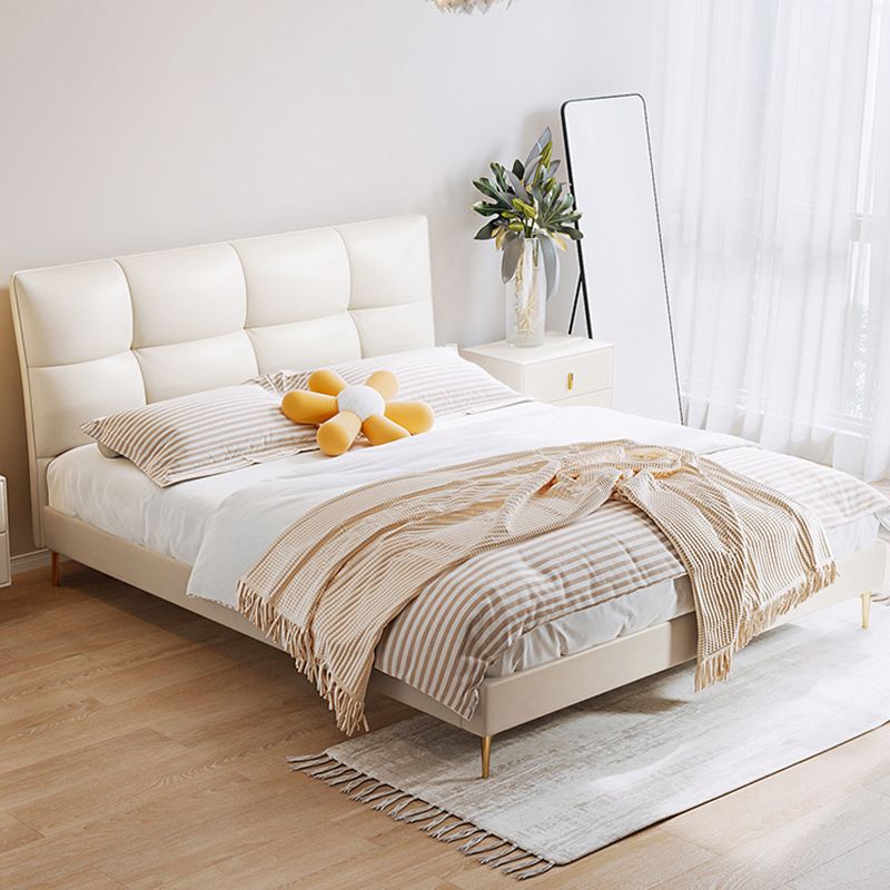 Glam White Upholstered Tufted Bed Frame Genuine Leather Panel Bed