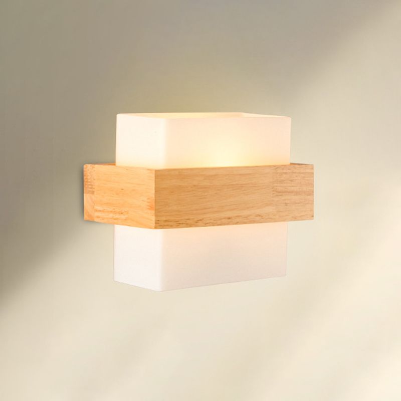 8.6" Wide Rectangular Modern Style Wall Lamp Simplicity Wooden Bedroom Sconces Light with White Glass Shade