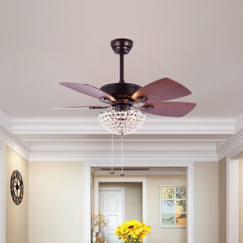 Kristal ingebed koepel plafondventilator licht modernistische led semi -spoellamp met 4 roodbruine messen, 36 "breed