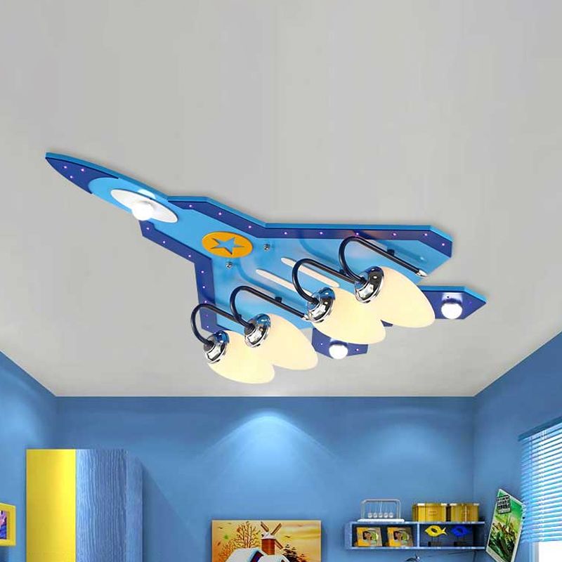 Blue Plane Close to Ceiling Lamp Cartoon 3/5-Bulb Wooden Flushmount Lighting in Warm/White Light