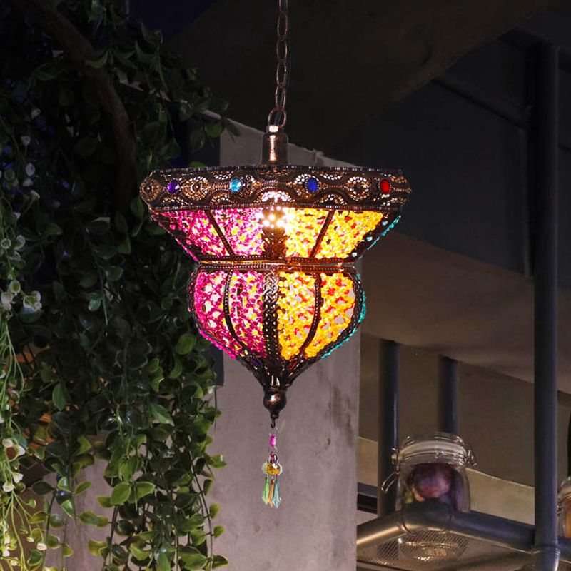1-Head Metal Suspension Lamp Traditional Rust Urn Shaped Restaurant Pendant Ceiling Light