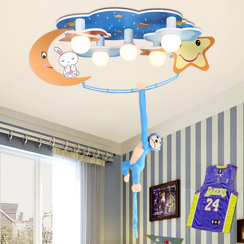 Starry Sky Metal Flushmount Lighting Cartoon 5 Heads Blue Flush Mounted Lamp with Monkey Decor