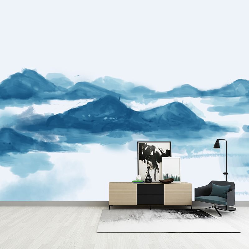 Chinese Smoggy Mountain Mural Non-Woven Moisture Resistant Light Blue Wall Covering for Bedroom