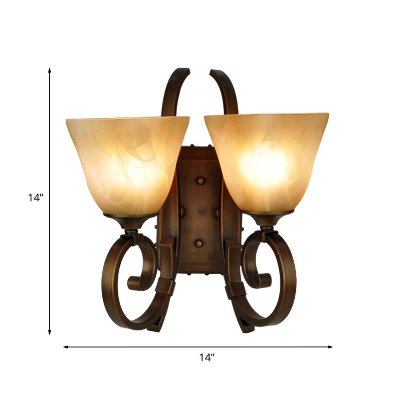 Minimalism Tapered Sconce Lighting 2 Lights Crackled Glass Wall Lamp Fixture with Scrolled Arm in Bronze